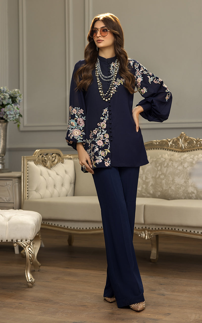 Pakistani Navy Embroidered Chiffon Salwar Kameez (2-Piece) - Image 1