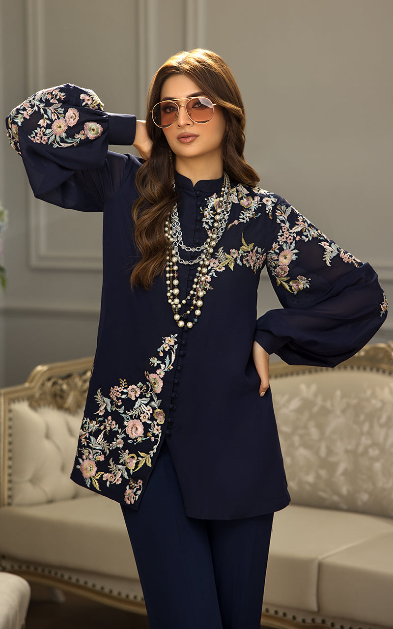 Pakistani Navy Embroidered Chiffon Salwar Kameez (2-Piece) - Image 2