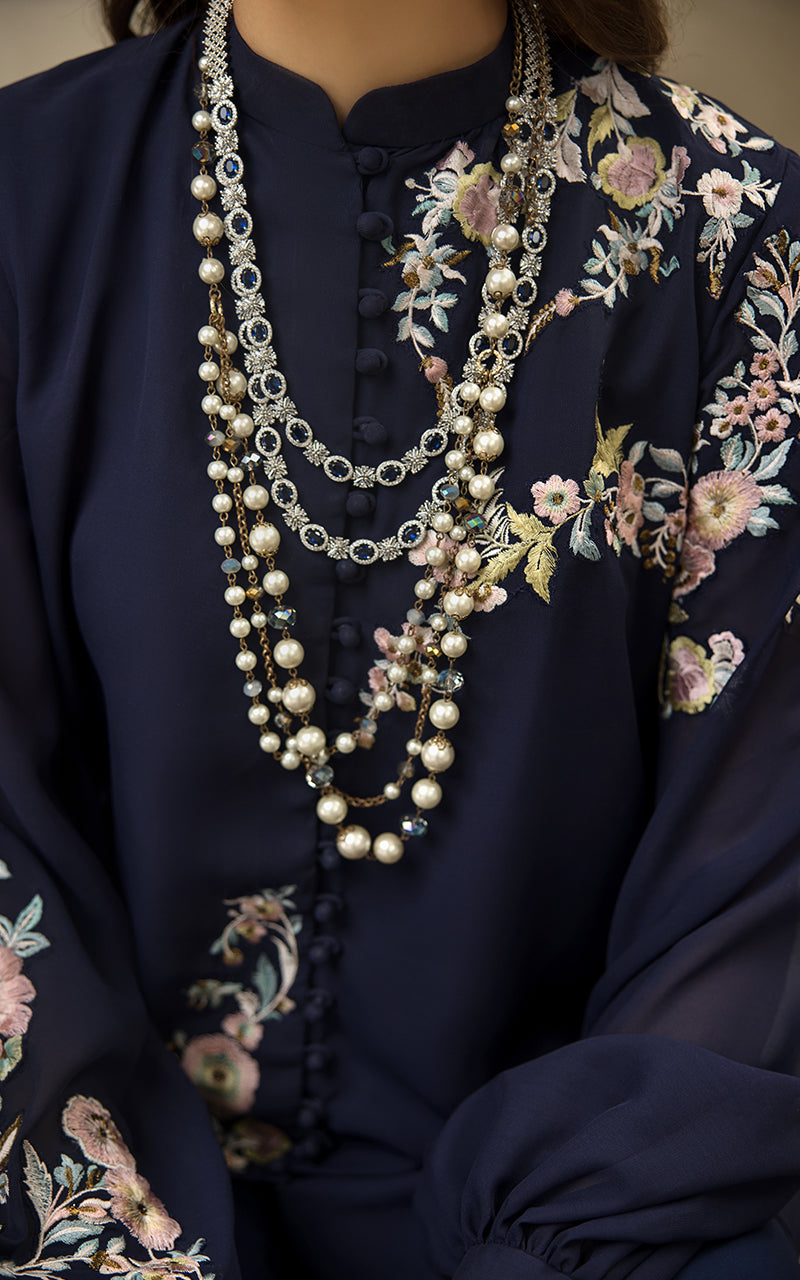 Pakistani Navy Embroidered Chiffon Salwar Kameez (2-Piece) - Image 3