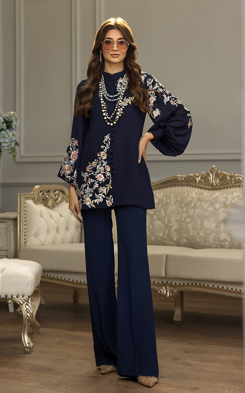 Pakistani Navy Embroidered Chiffon Salwar Kameez (2-Piece) - Image 6