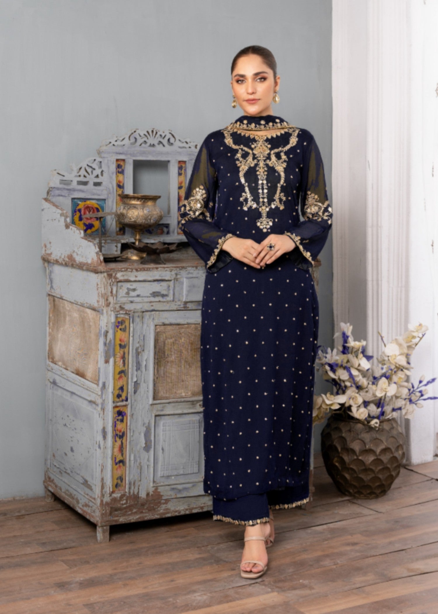 Pakistani Navy Blue Embroidered Chiffon Kurta Set (3-Piece) - Image 1