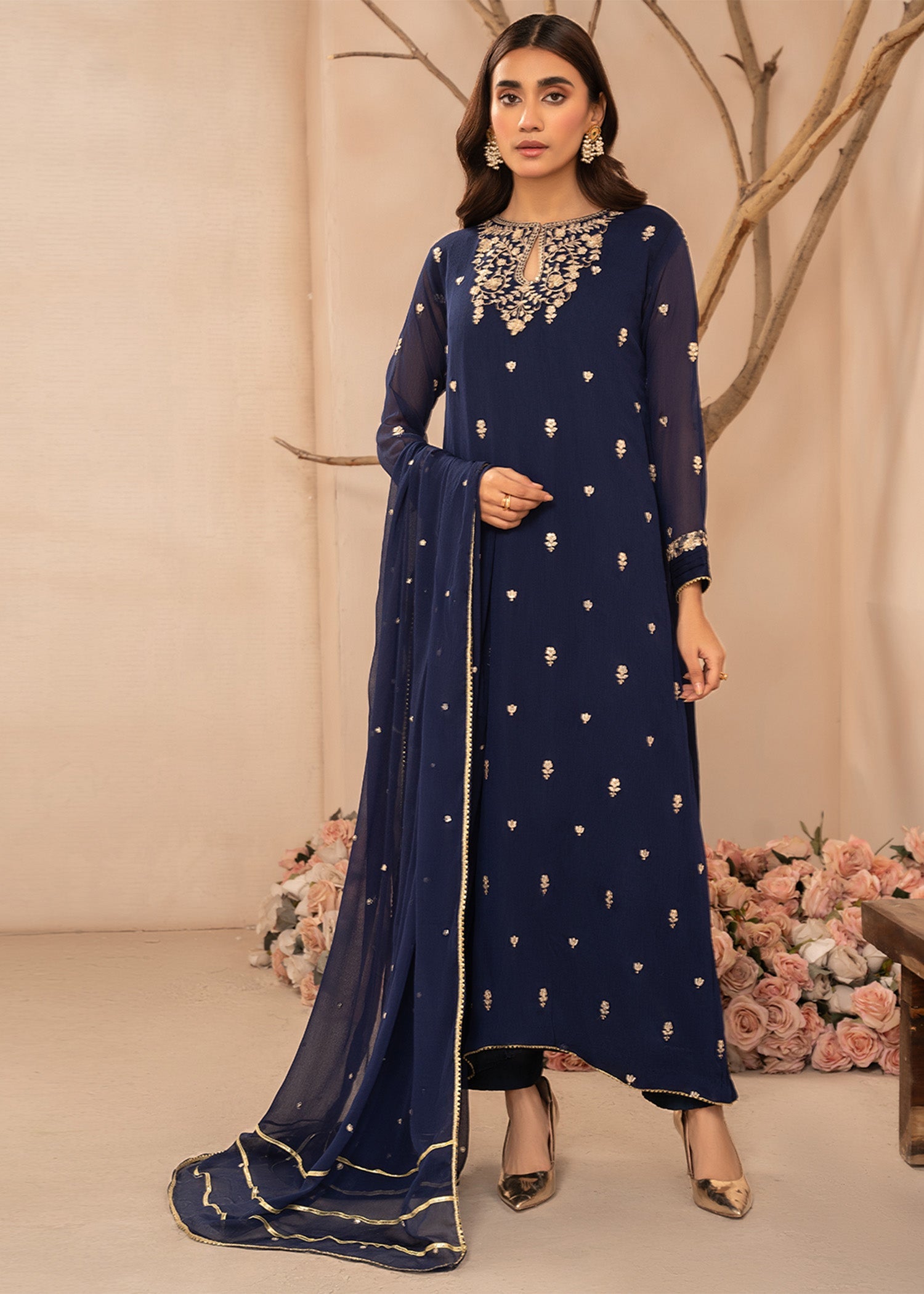 Navy Blue Embroidered Chiffon Kurta Set (3-Piece) - Image 1