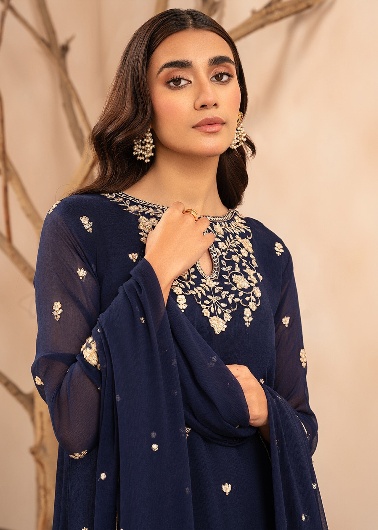Navy Blue Embroidered Chiffon Kurta Set (3-Piece) - Image 2