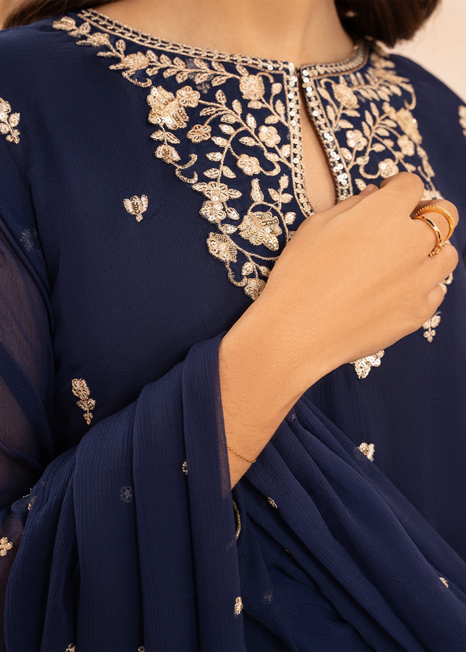 Navy Blue Embroidered Chiffon Kurta Set (3-Piece) - Image 3