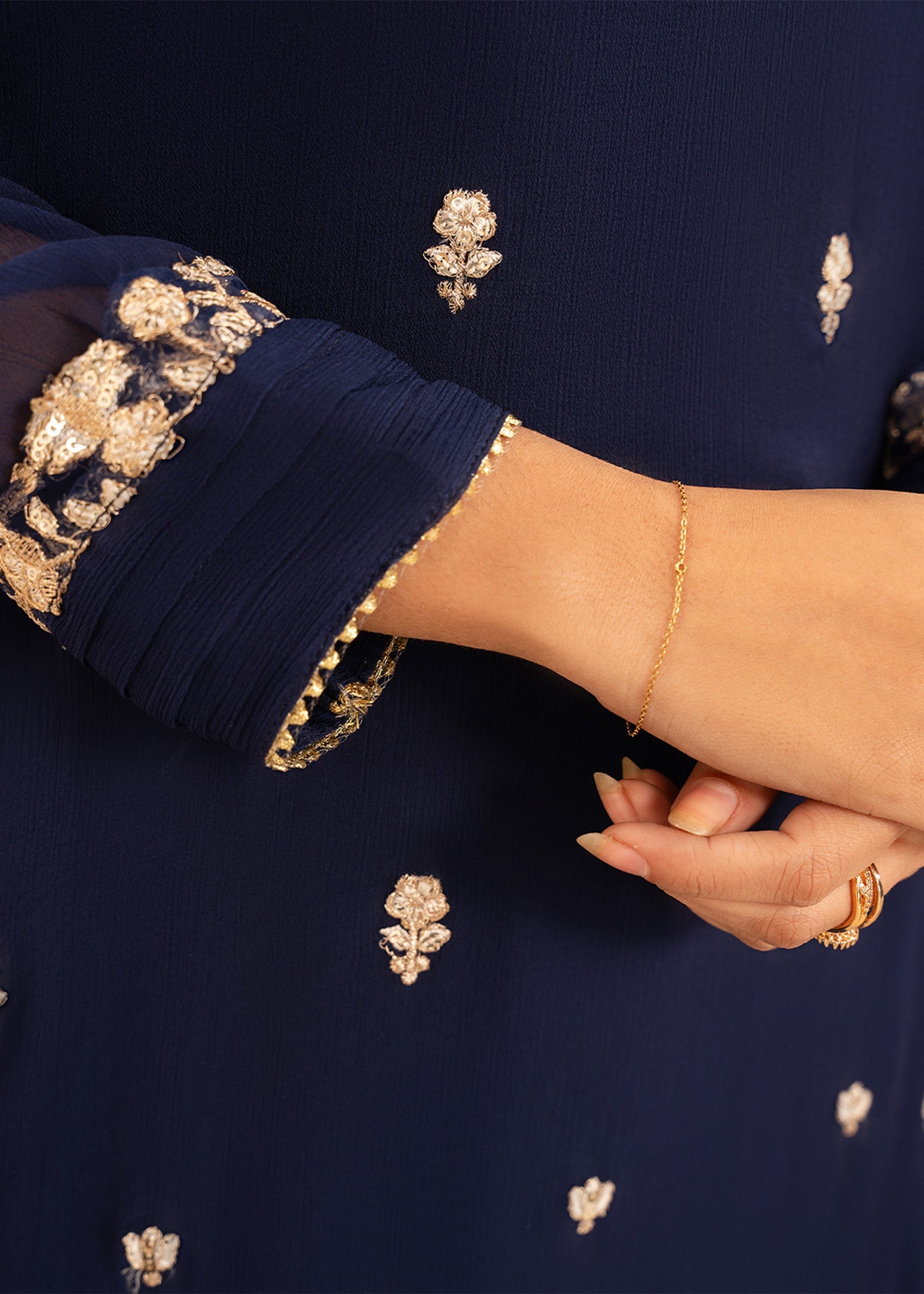 Navy Blue Embroidered Chiffon Kurta Set (3-Piece) - Image 4