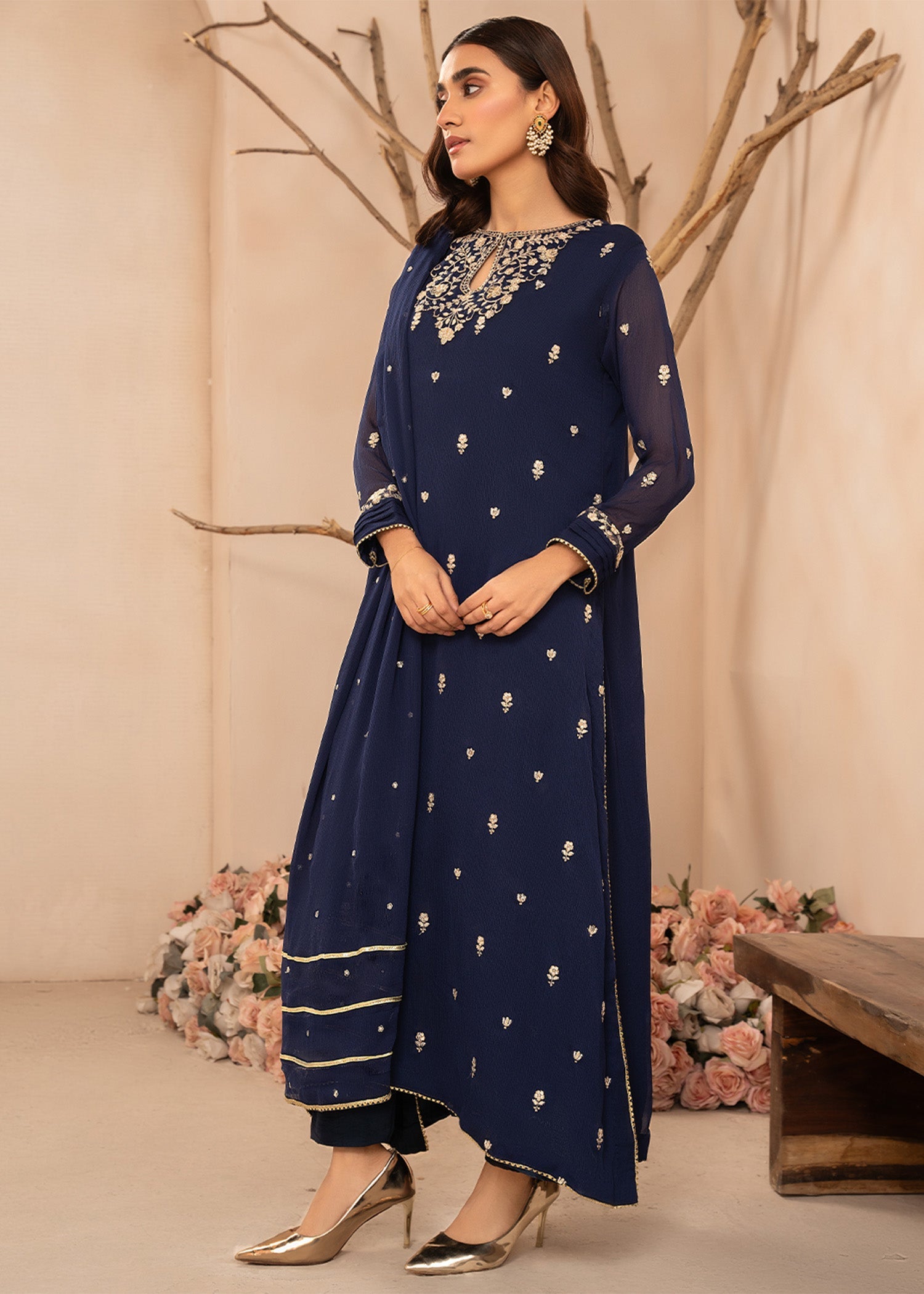 Navy Blue Embroidered Chiffon Kurta Set (3-Piece) - Image 6