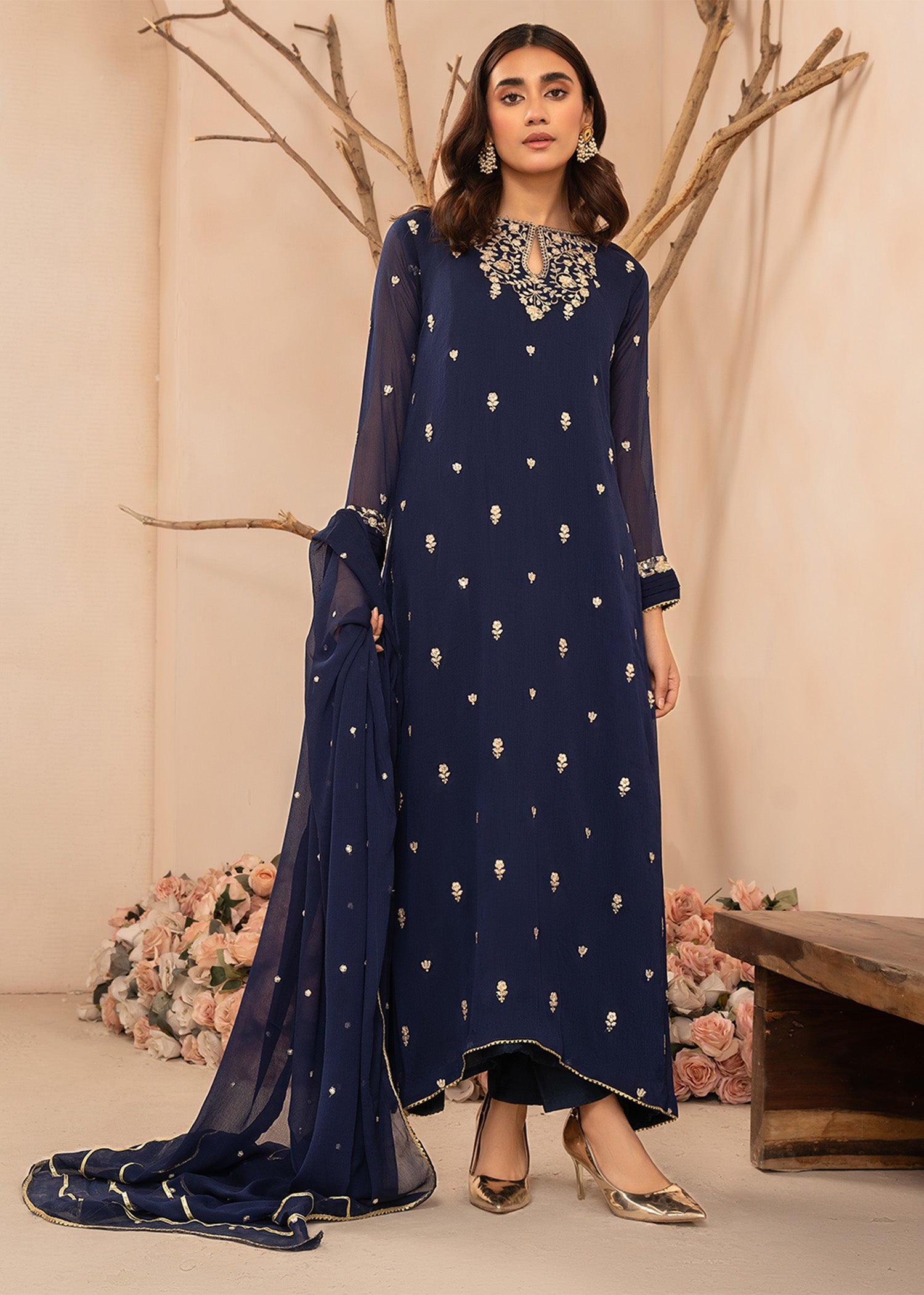 Navy Blue Embroidered Chiffon Kurta Set (3-Piece) - Image 7