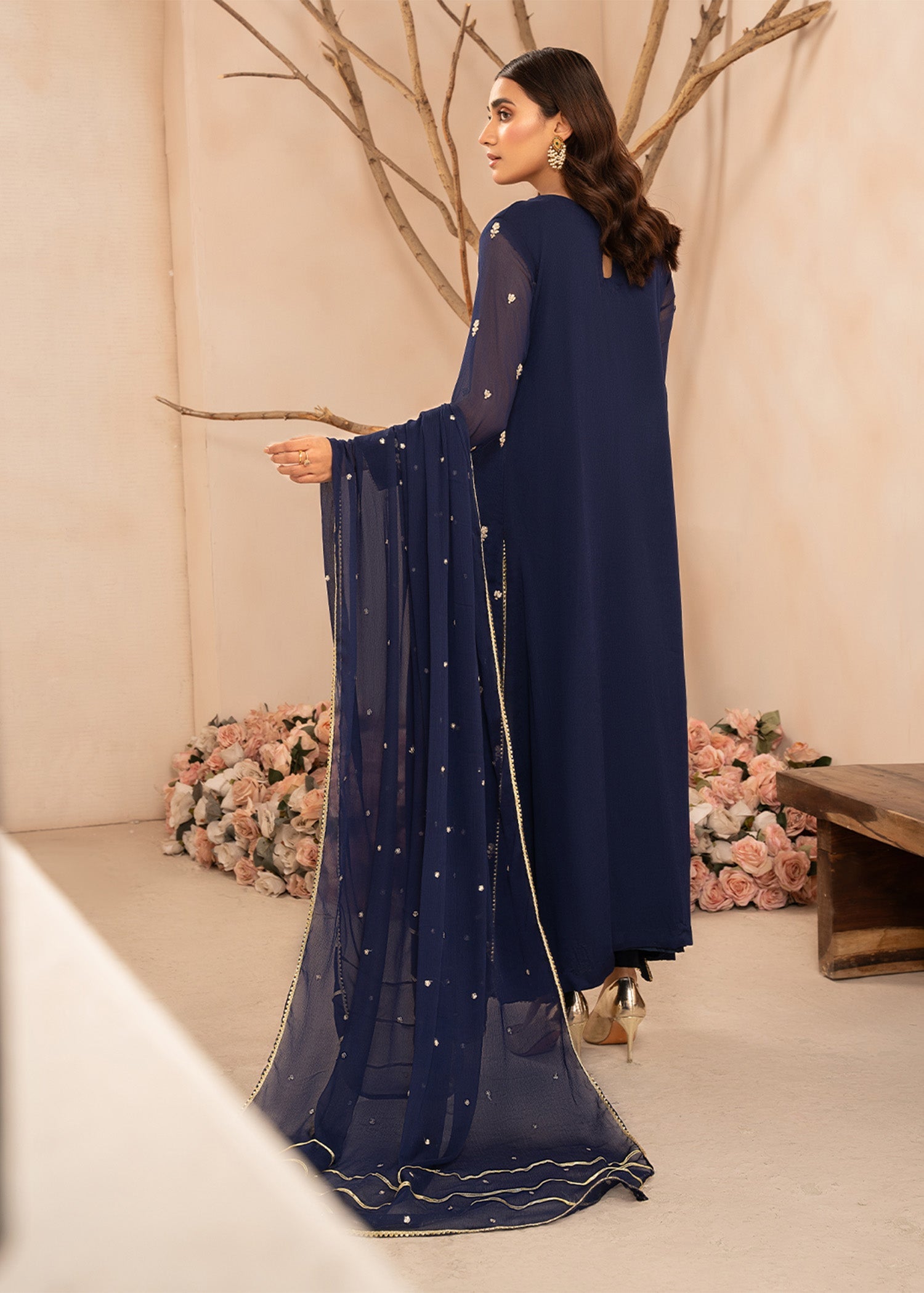 Navy Blue Embroidered Chiffon Kurta Set (3-Piece) - Image 8
