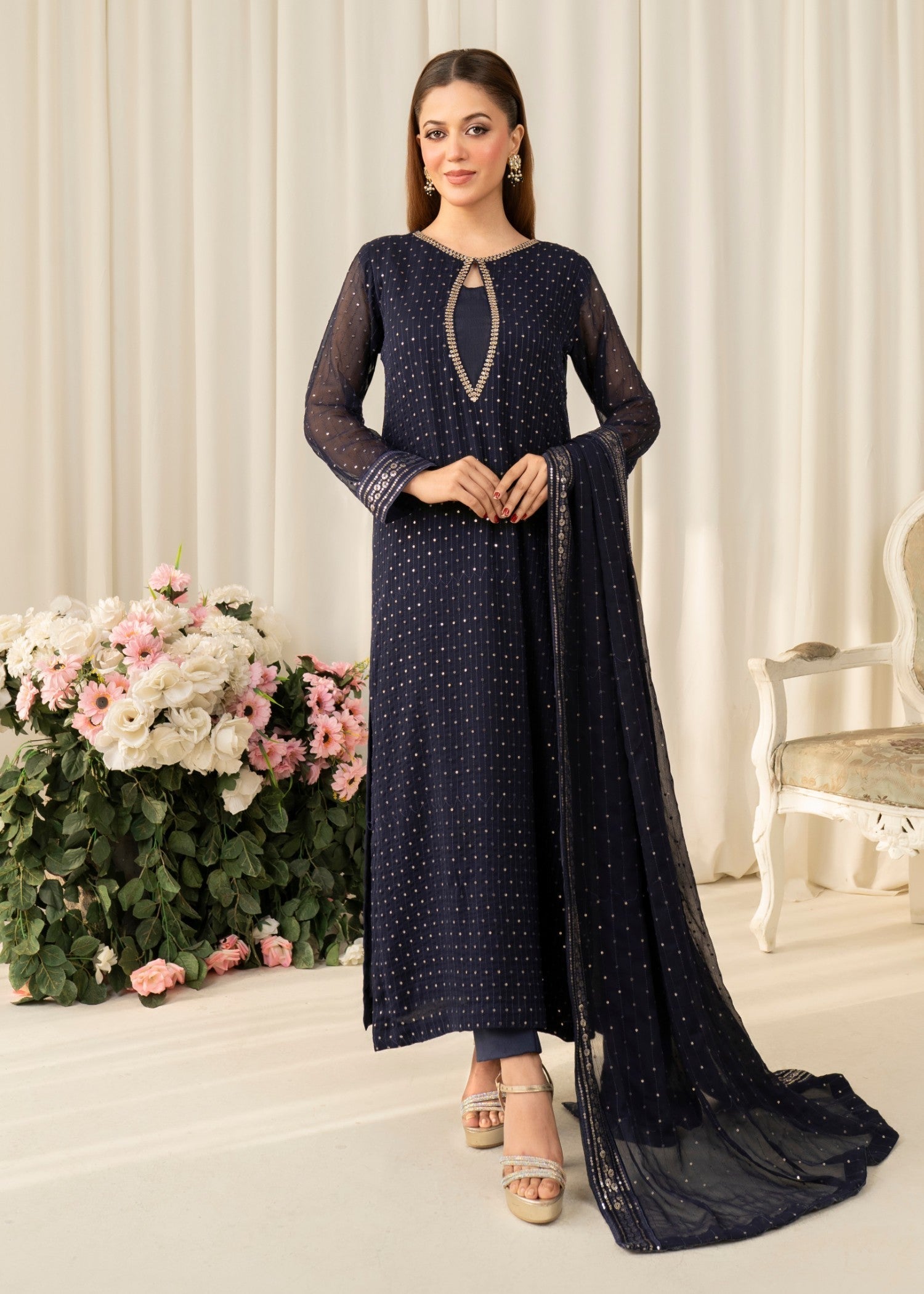 Navy Blue Embroidered Chiffon Kurta Set (3-Piece) - Image 1