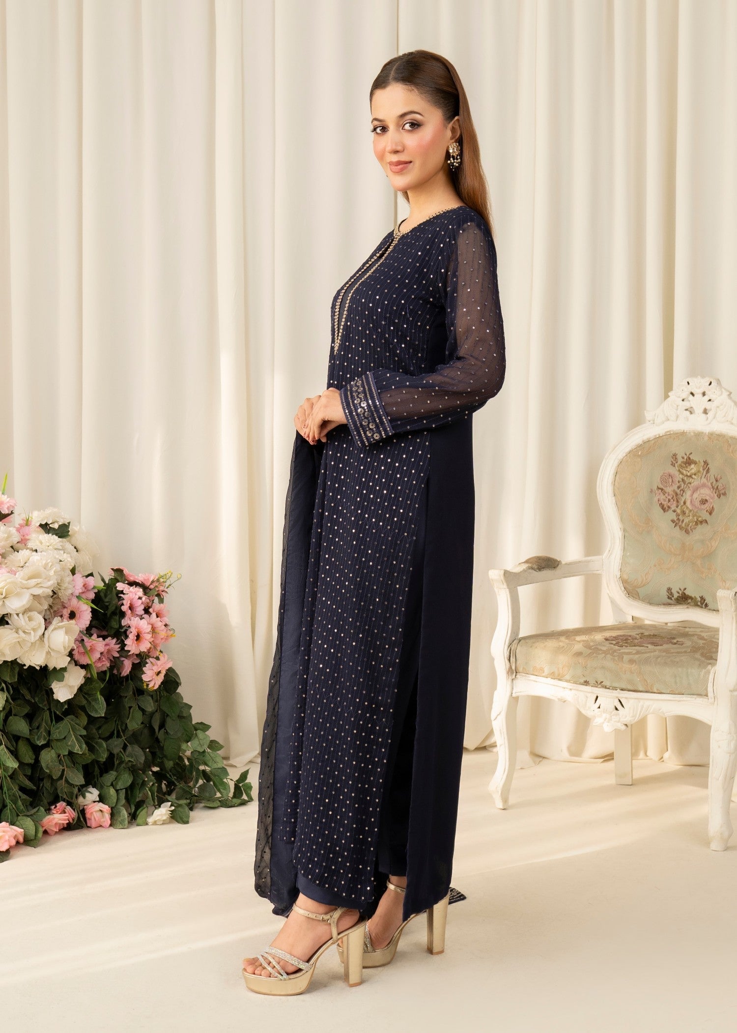Navy Blue Embroidered Chiffon Kurta Set (3-Piece) - Image 2