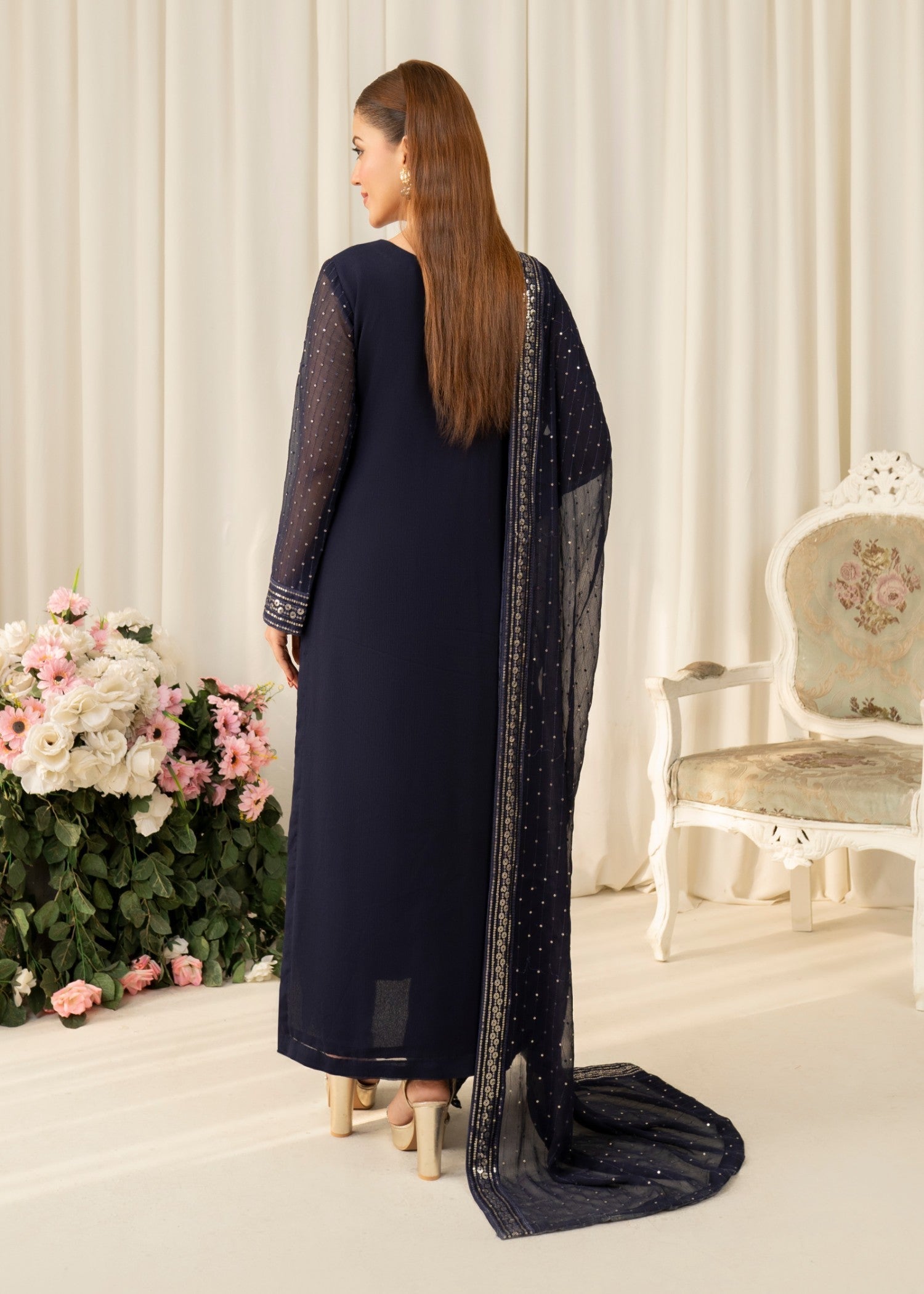 Navy Blue Embroidered Chiffon Kurta Set (3-Piece) - Image 3