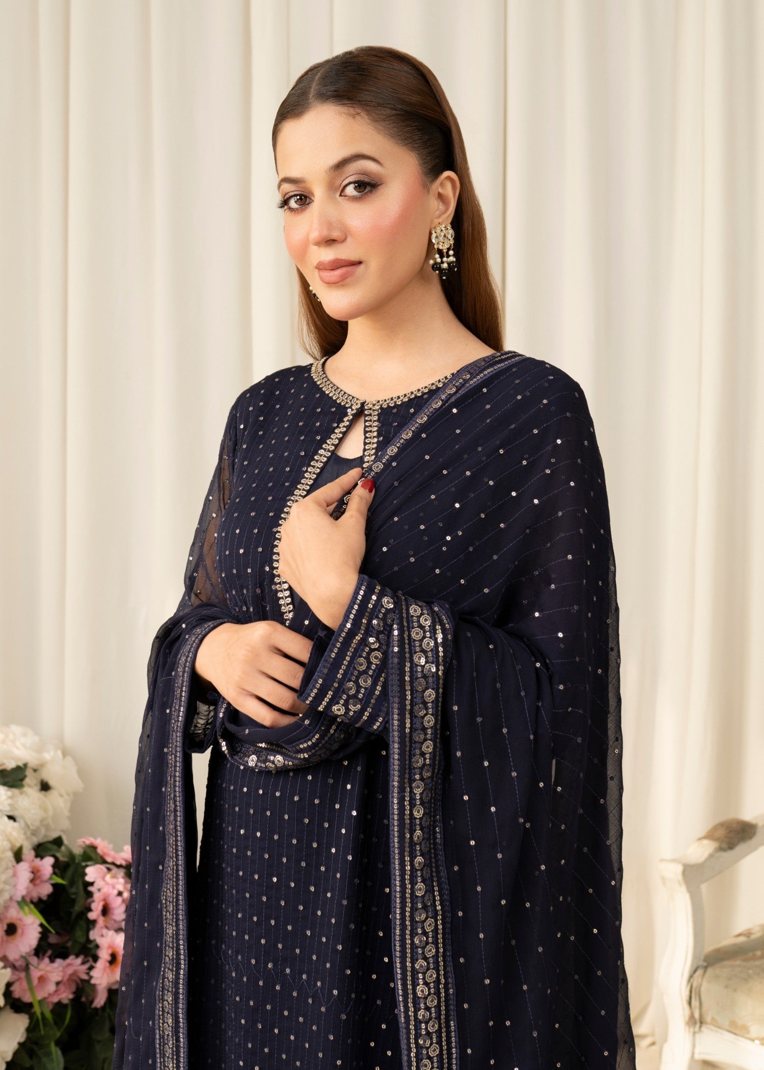 Navy Blue Embroidered Chiffon Kurta Set (3-Piece) - Image 4