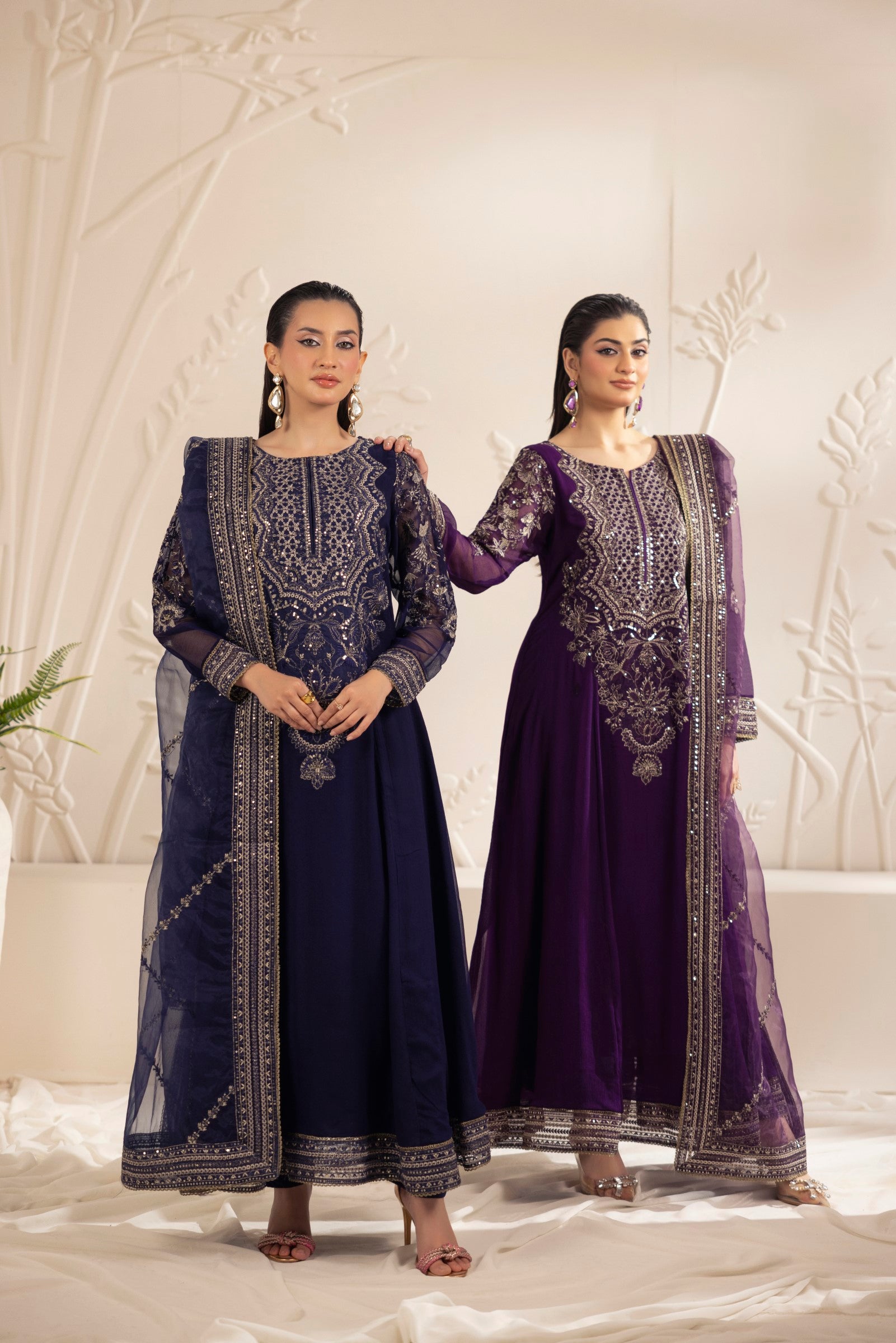 Pakistani Navy Blue Embroidered Chiffon & Organza Salwar Kameez (3-Piece) - Image 10