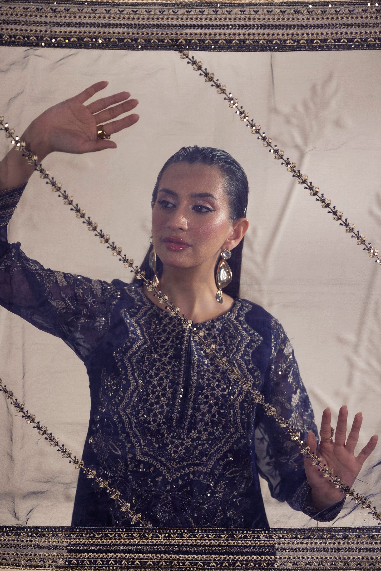 Pakistani Navy Blue Embroidered Chiffon & Organza Salwar Kameez (3-Piece) - Image 11