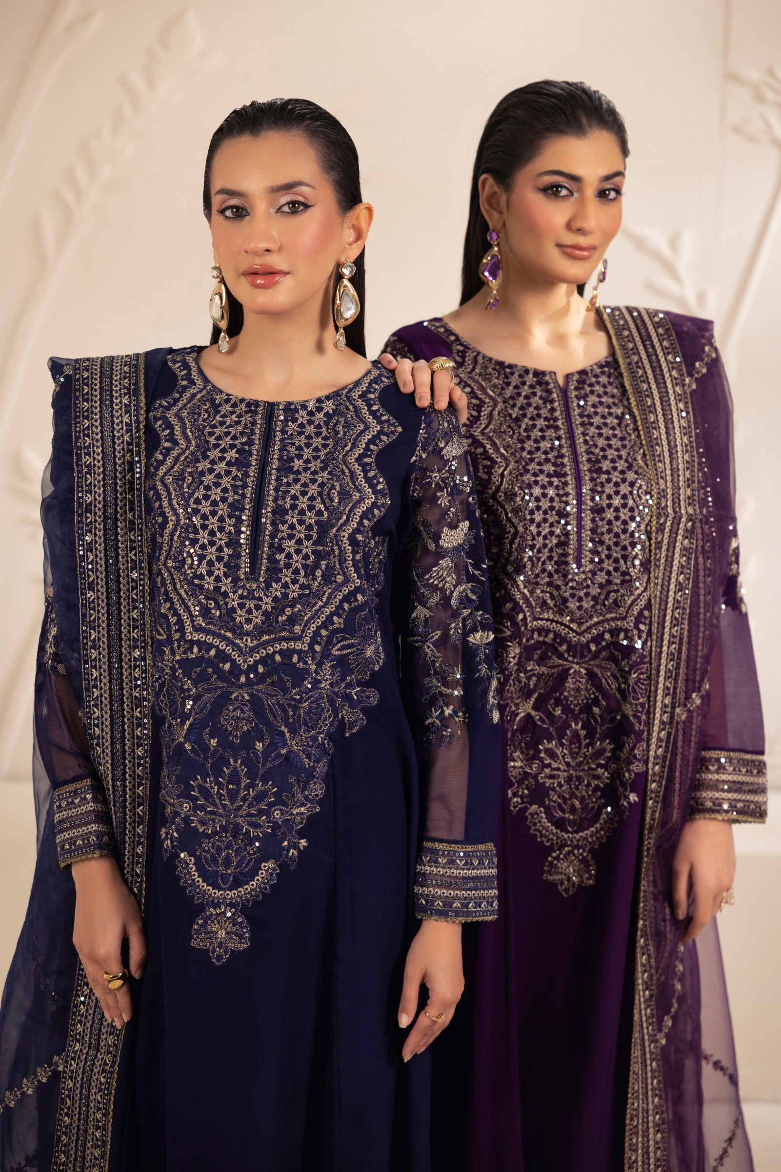 Pakistani Navy Blue Embroidered Chiffon & Organza Salwar Kameez (3-Piece) - Image 12