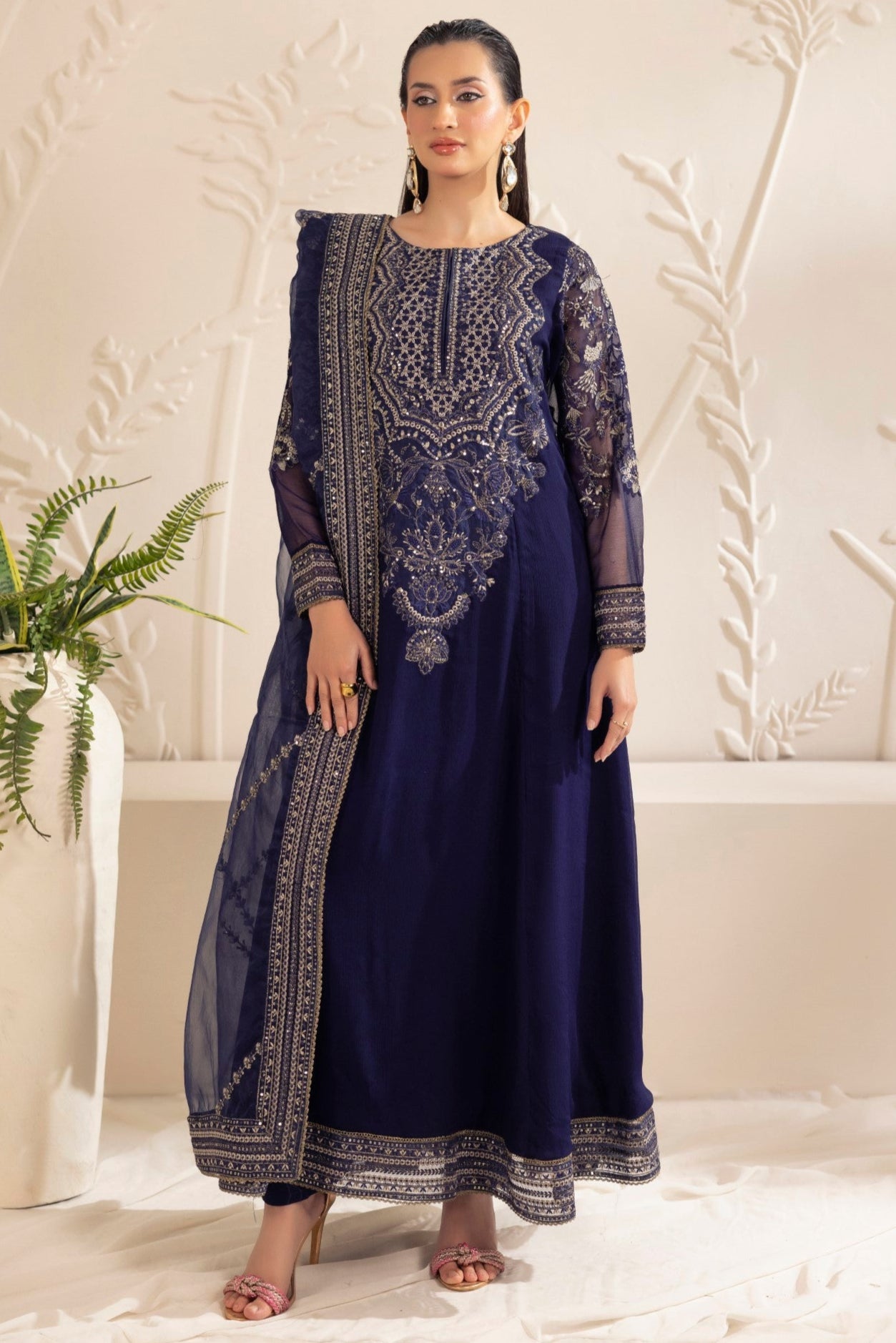 Pakistani Navy Blue Embroidered Chiffon & Organza Salwar Kameez (3-Piece) - Image 2