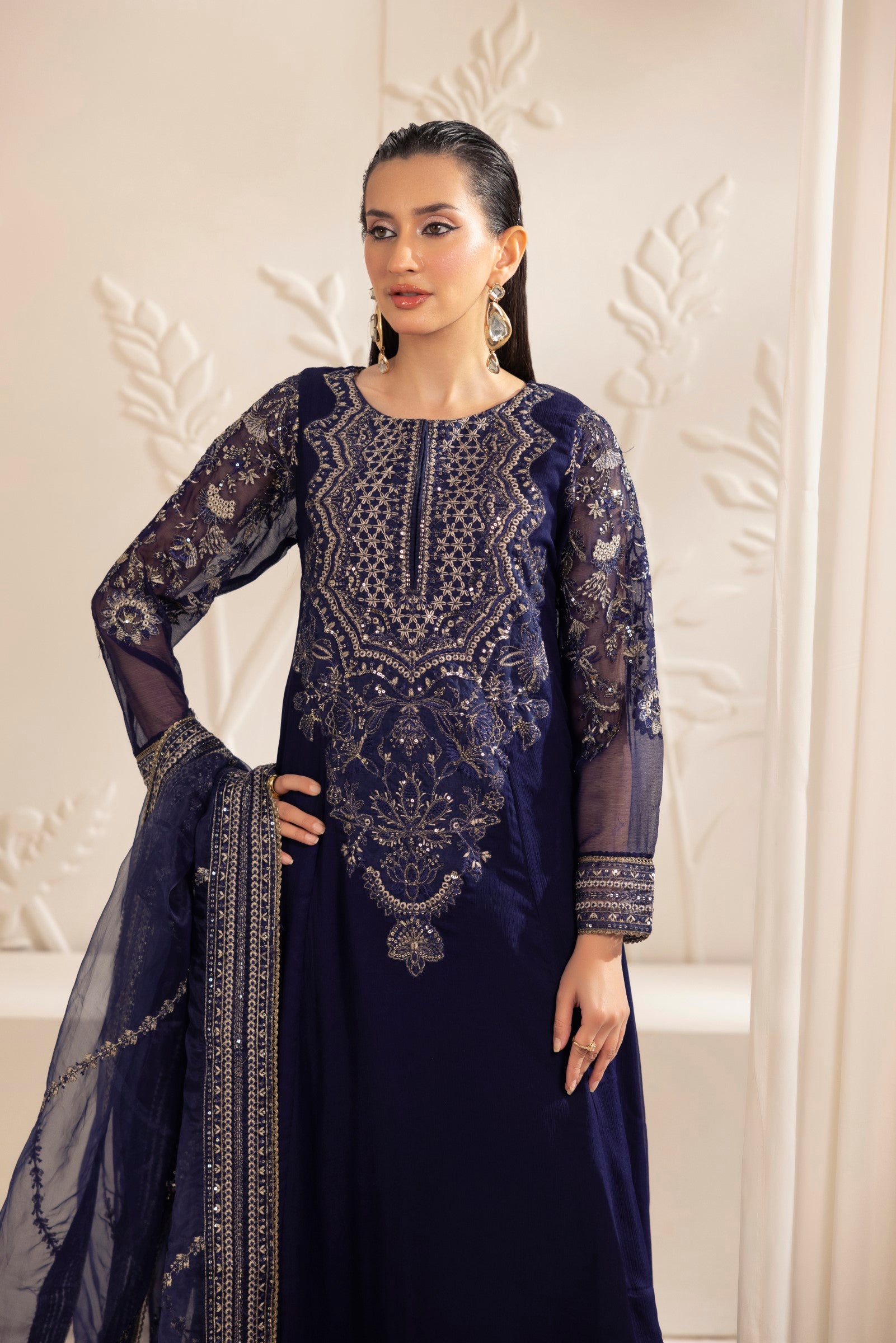 Pakistani Navy Blue Embroidered Chiffon & Organza Salwar Kameez (3-Piece) - Image 6