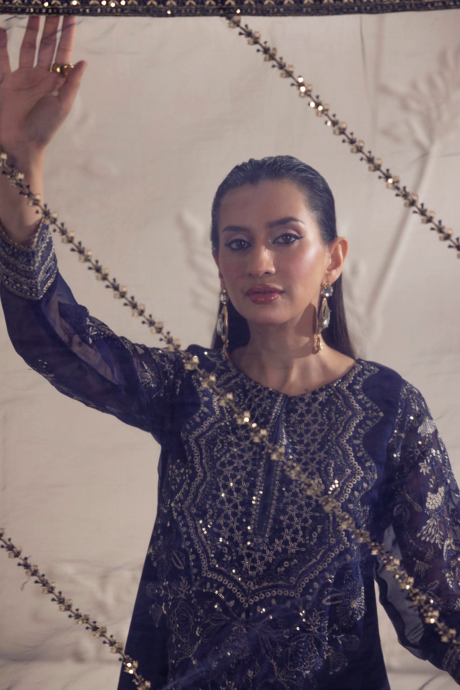 Pakistani Navy Blue Embroidered Chiffon & Organza Salwar Kameez (3-Piece) - Image 7