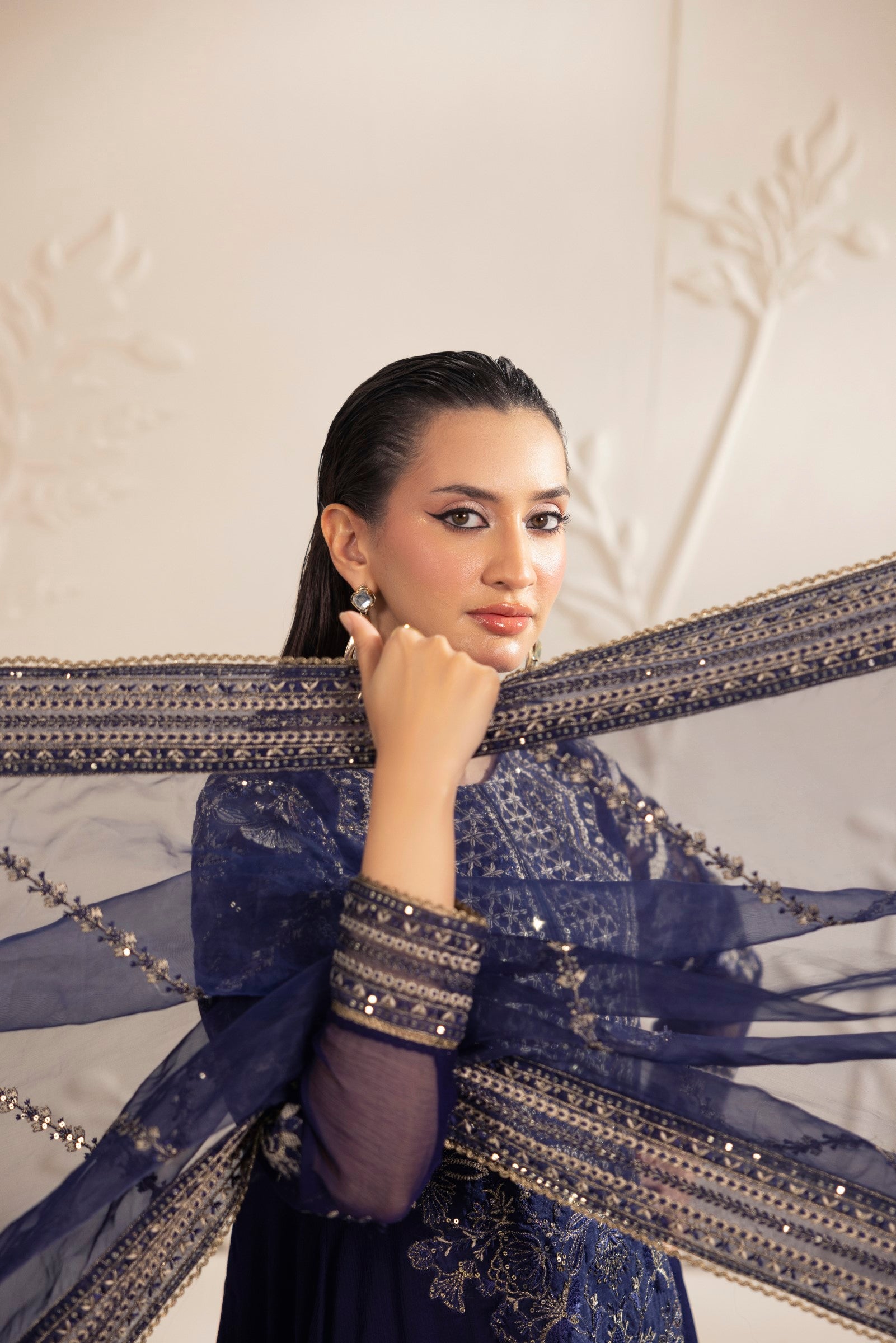 Pakistani Navy Blue Embroidered Chiffon & Organza Salwar Kameez (3-Piece) - Image 8