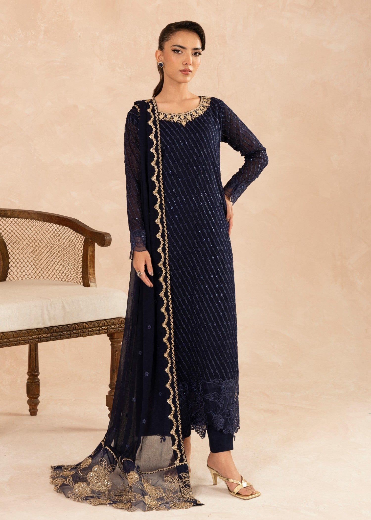 Pakistani Navy Blue Sequin Embroidered Chiffon Kurta Set (3-Piece) - Image 1