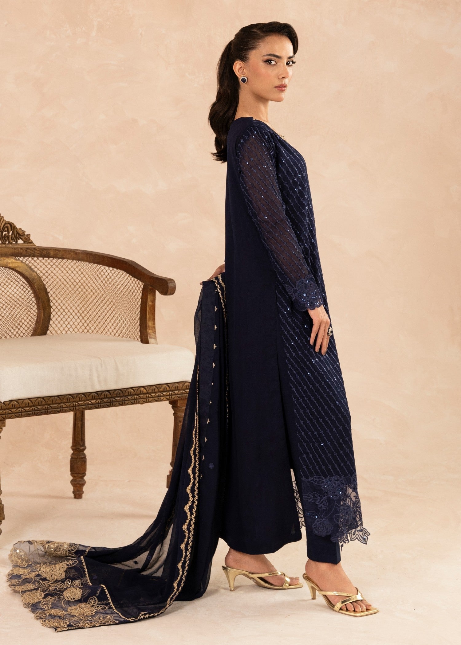 Pakistani Navy Blue Sequin Embroidered Chiffon Kurta Set (3-Piece) - Image 2