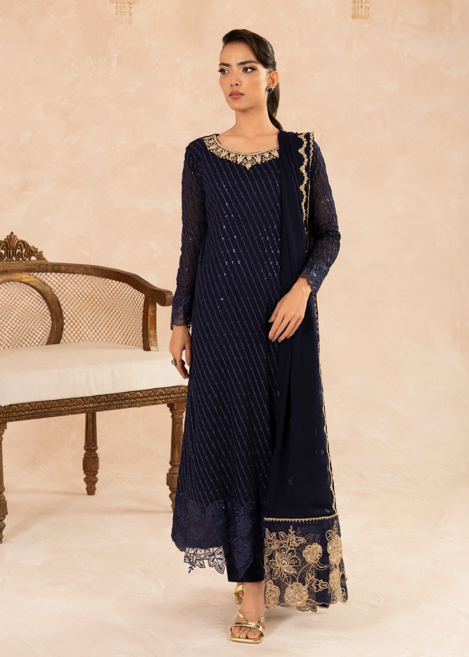 Pakistani Navy Blue Sequin Embroidered Chiffon Kurta Set (3-Piece) - Image 4