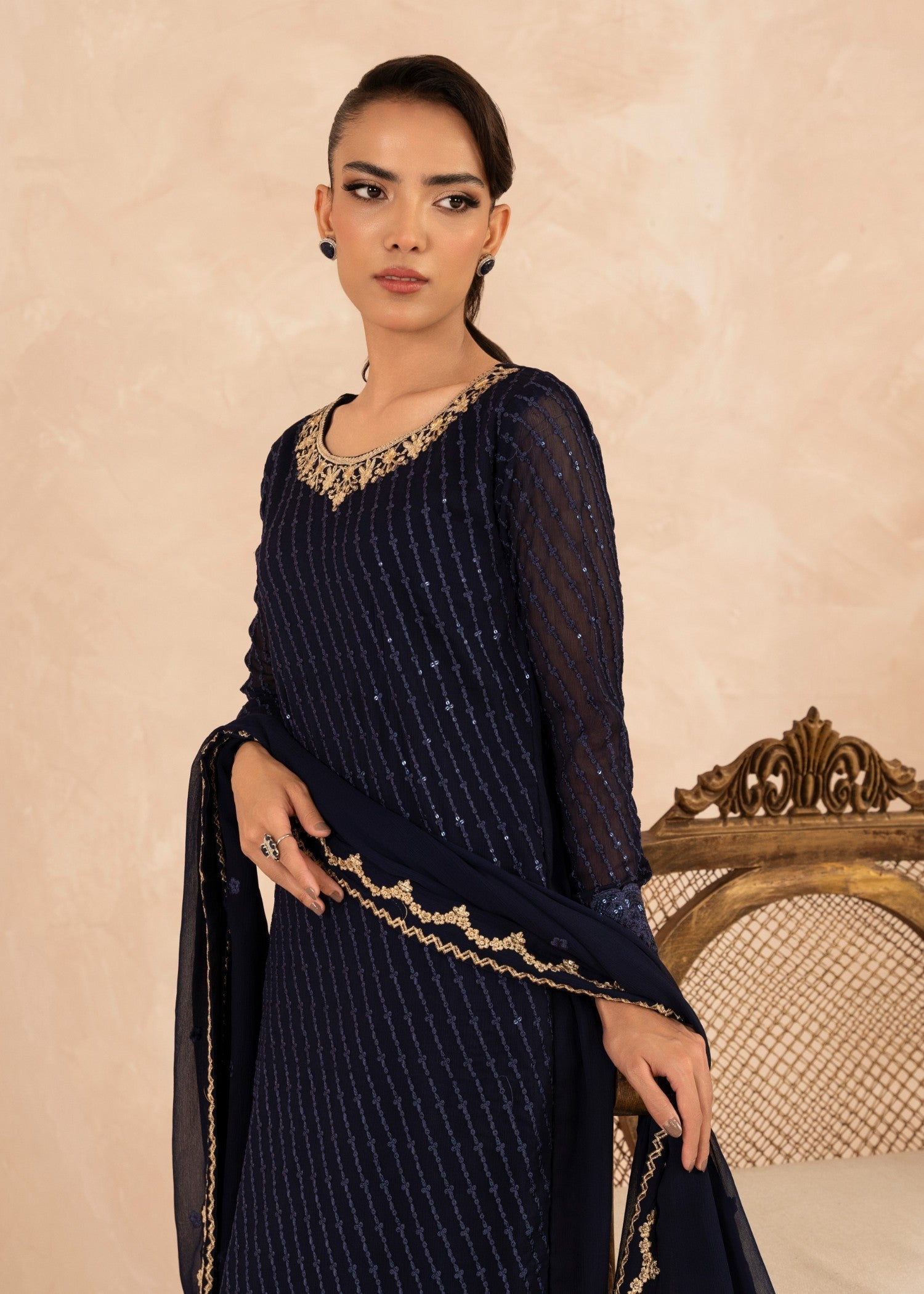 Pakistani Navy Blue Sequin Embroidered Chiffon Kurta Set (3-Piece) - Image 5