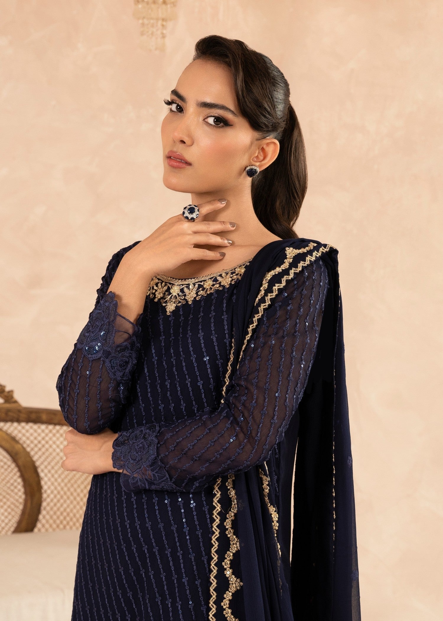 Pakistani Navy Blue Sequin Embroidered Chiffon Kurta Set (3-Piece) - Image 6