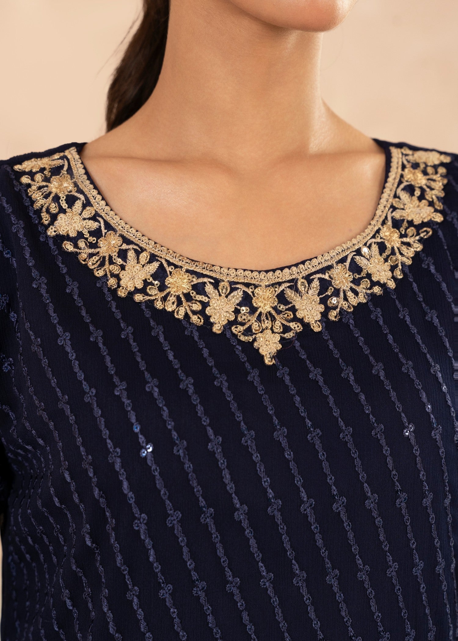 Pakistani Navy Blue Sequin Embroidered Chiffon Kurta Set (3-Piece) - Image 7