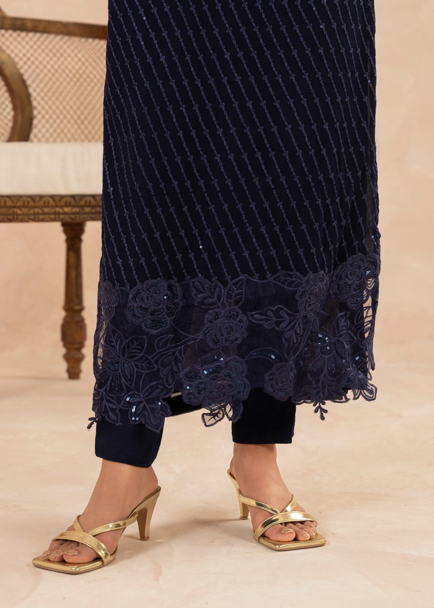 Pakistani Navy Blue Sequin Embroidered Chiffon Kurta Set (3-Piece) - Image 9