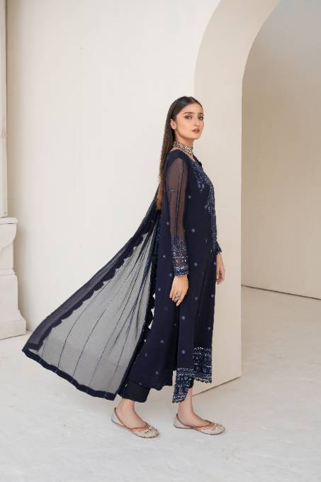 Navy Blue Sequin Embroidered Chiffon Kurta (3-Piece) - Image 2