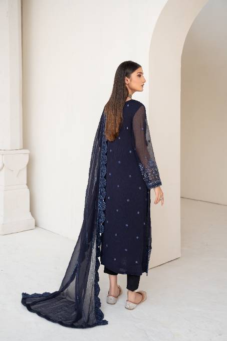 Navy Blue Sequin Embroidered Chiffon Kurta (3-Piece) - Image 3