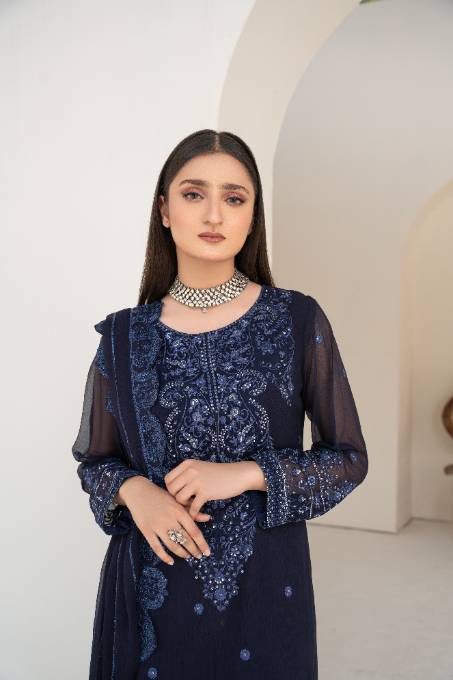 Navy Blue Sequin Embroidered Chiffon Kurta (3-Piece) - Image 4