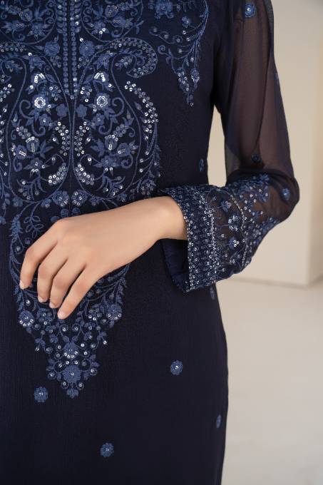 Navy Blue Sequin Embroidered Chiffon Kurta (3-Piece) - Image 5