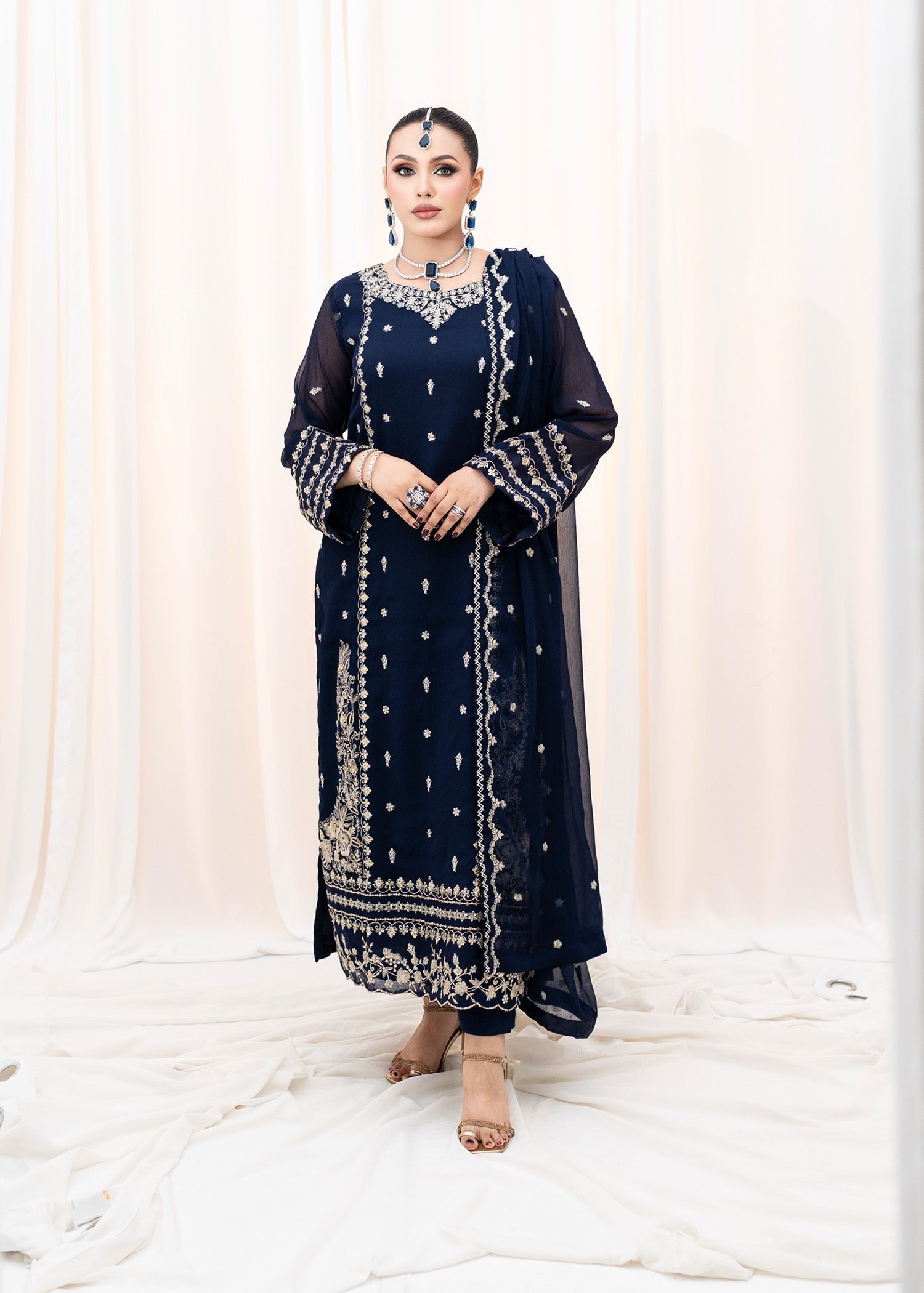 Pakistani Navy Blue Embroidered Chiffon Kurta Set (3-Piece) - Image 1