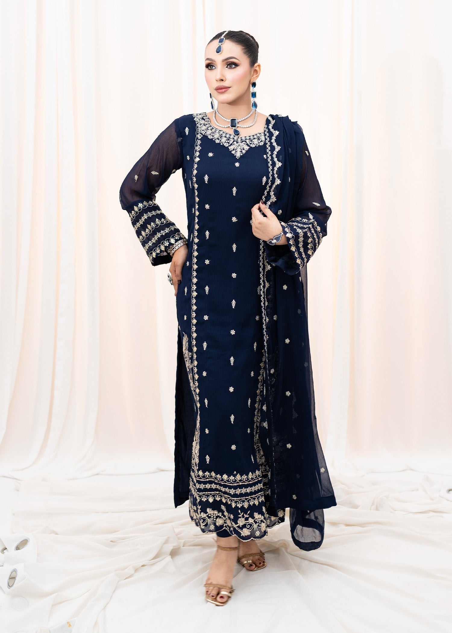 Pakistani Navy Blue Embroidered Chiffon Kurta Set (3-Piece) - Image 3