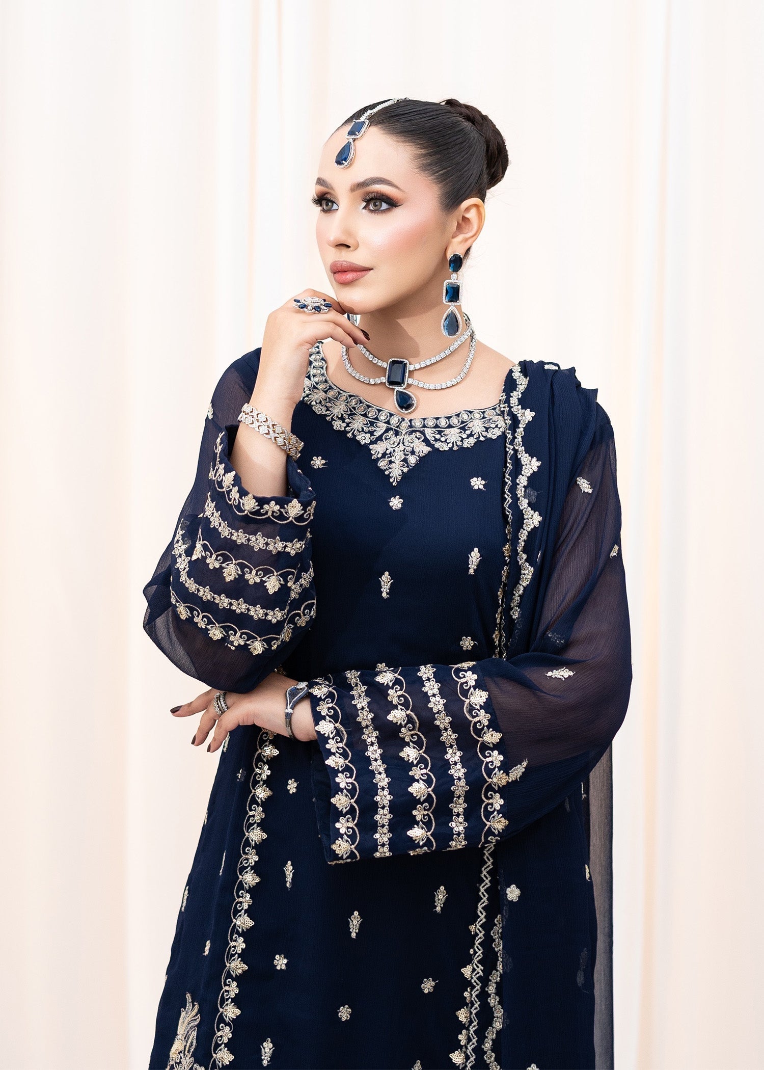 Pakistani Navy Blue Embroidered Chiffon Kurta Set (3-Piece) - Image 5