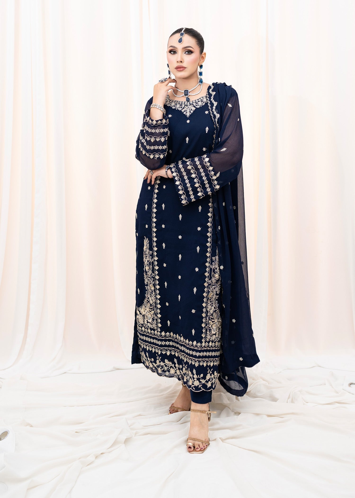 Pakistani Navy Blue Embroidered Chiffon Kurta Set (3-Piece) - Image 6