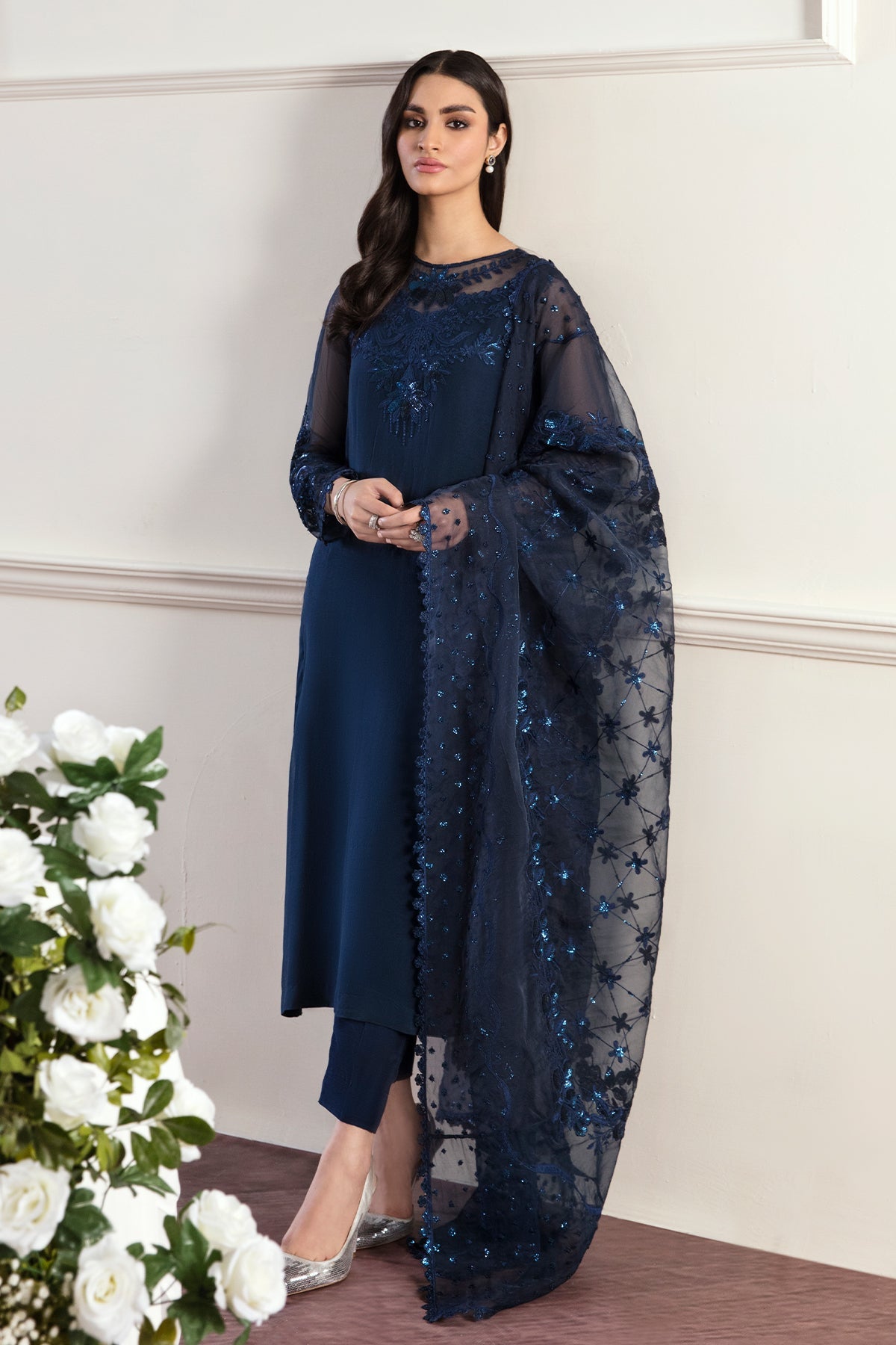 Navy Blue Embroidered Chiffon Salwar Kameez (3-Piece) - Image 1