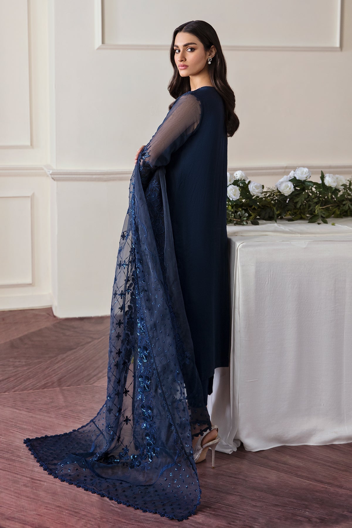 Navy Blue Embroidered Chiffon Salwar Kameez (3-Piece) - Image 2