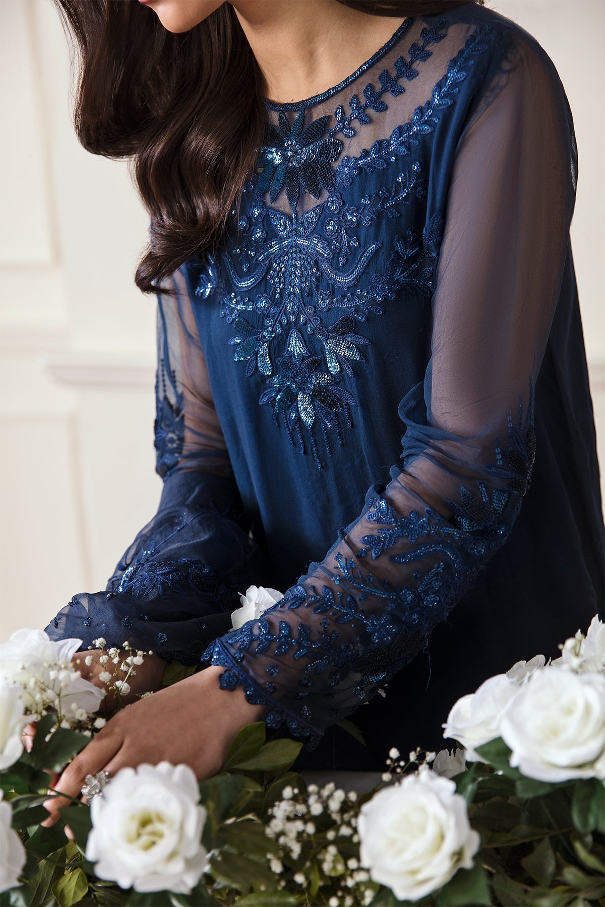 Navy Blue Embroidered Chiffon Salwar Kameez (3-Piece) - Image 3