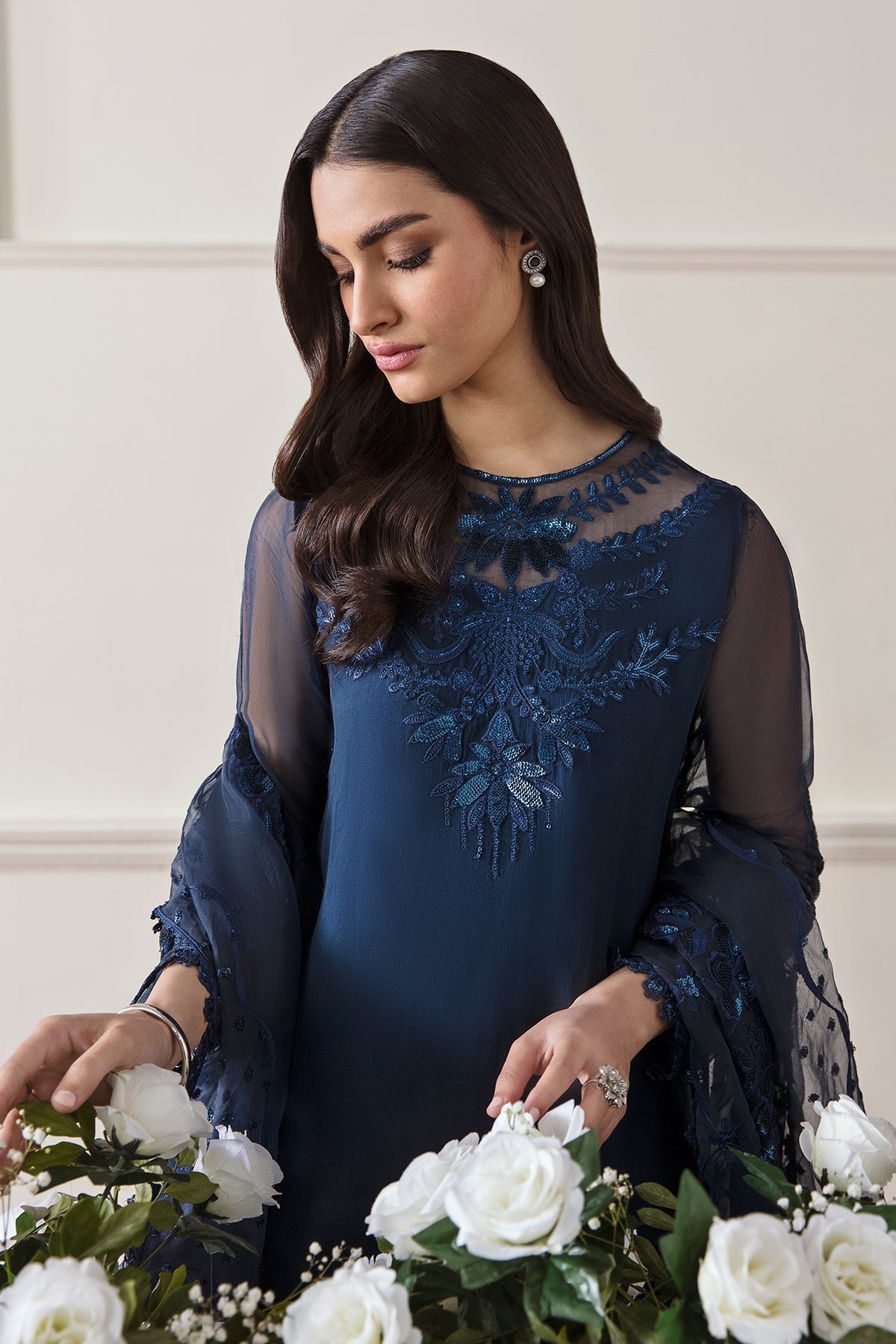 Navy Blue Embroidered Chiffon Salwar Kameez (3-Piece) - Image 4