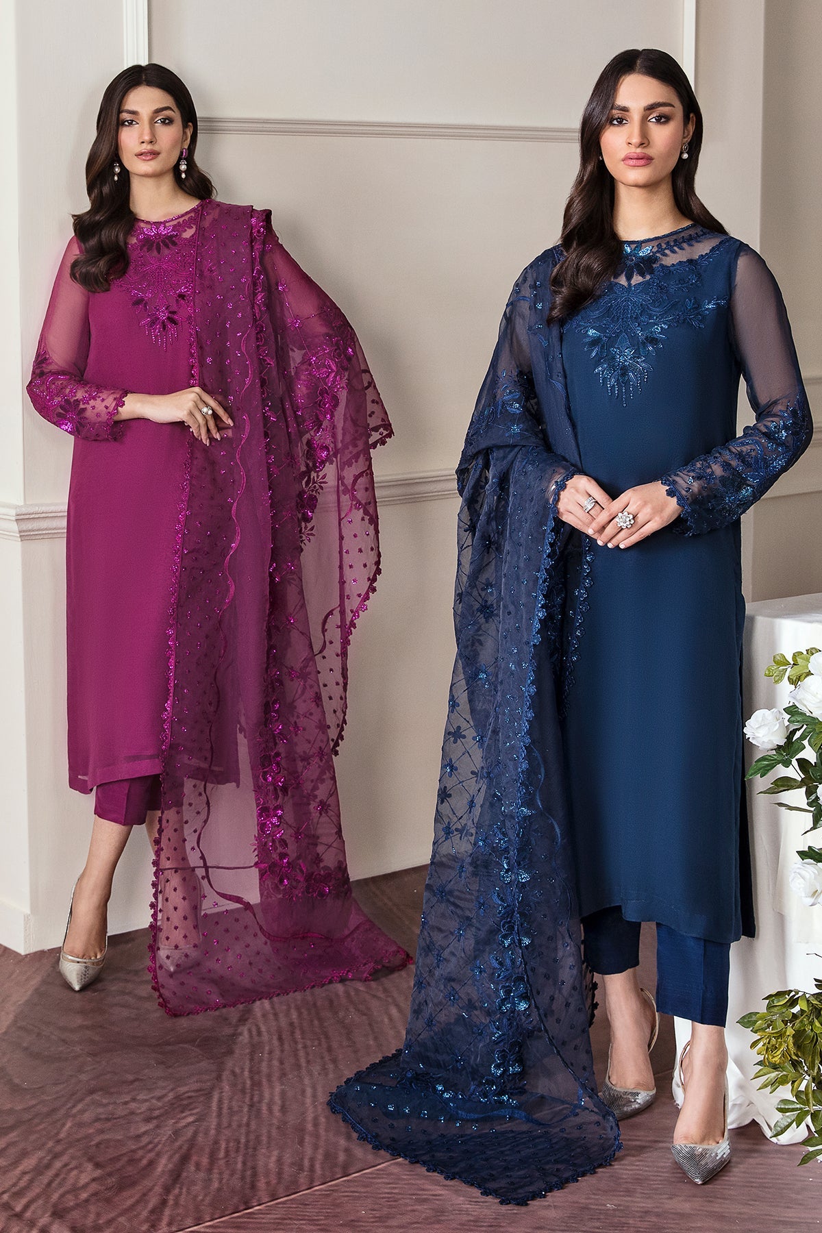 Navy Blue Embroidered Chiffon Salwar Kameez (3-Piece) - Image 7