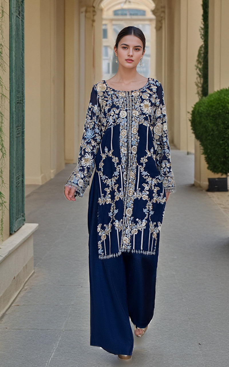 Navy Embroidered Chiffon Salwar Kameez (2-Piece) - Image 1