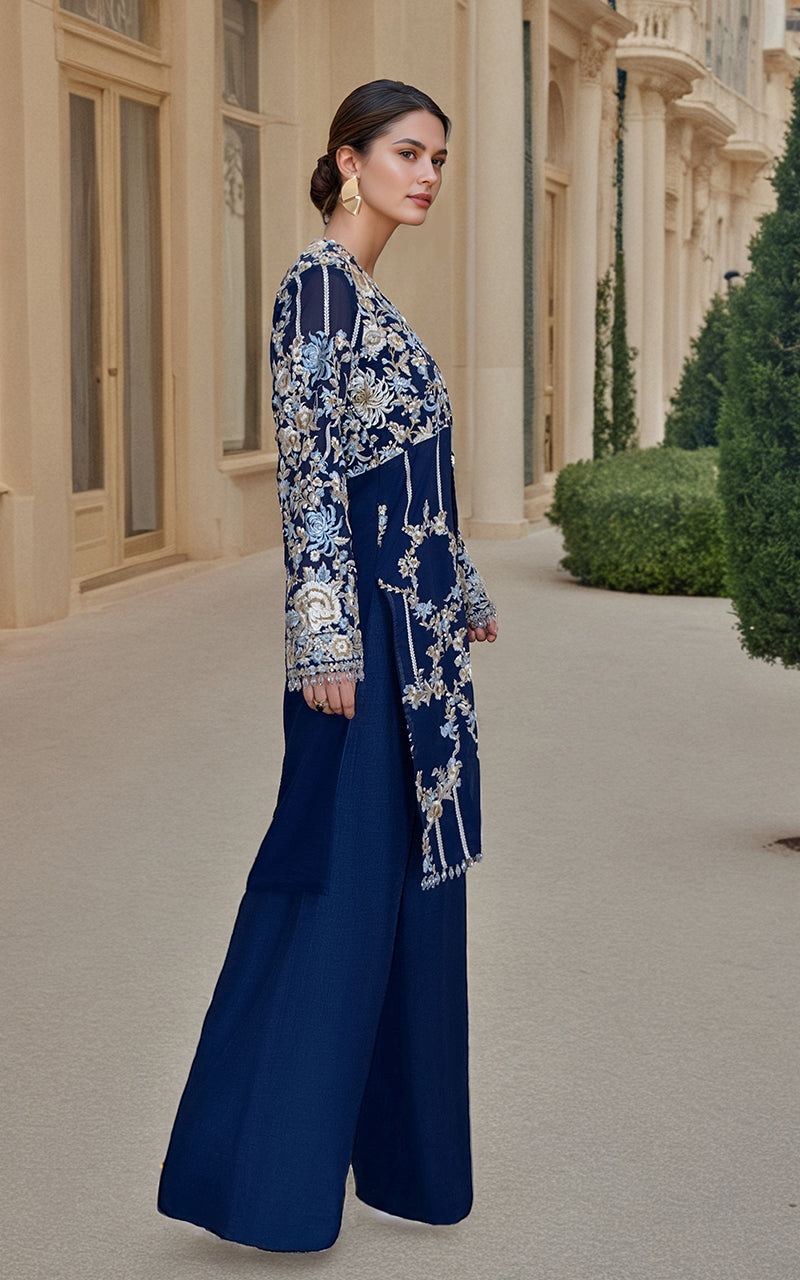 Navy Embroidered Chiffon Salwar Kameez (2-Piece) - Image 3