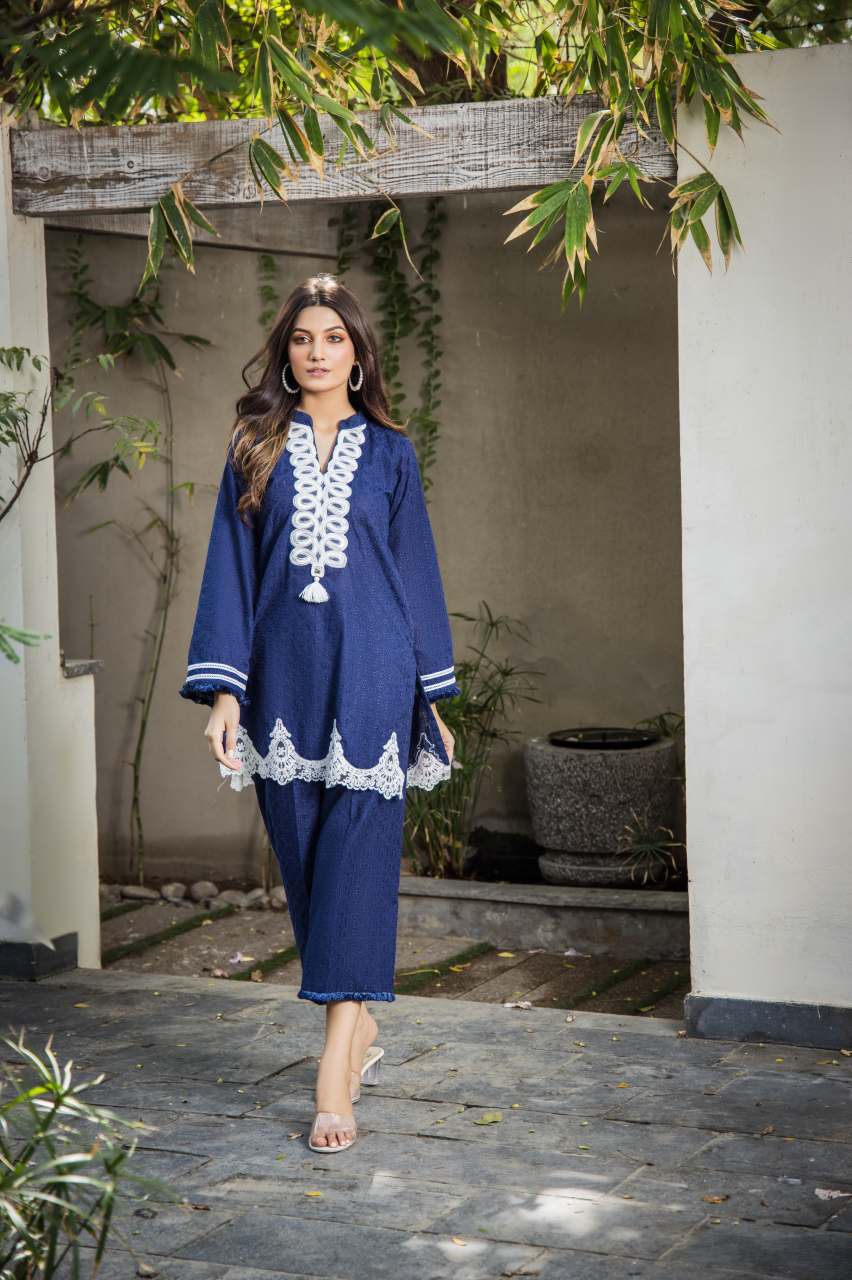 Navy Dori Embroidered Chikan Cotton Kurta Set (2-Piece) - Image 2