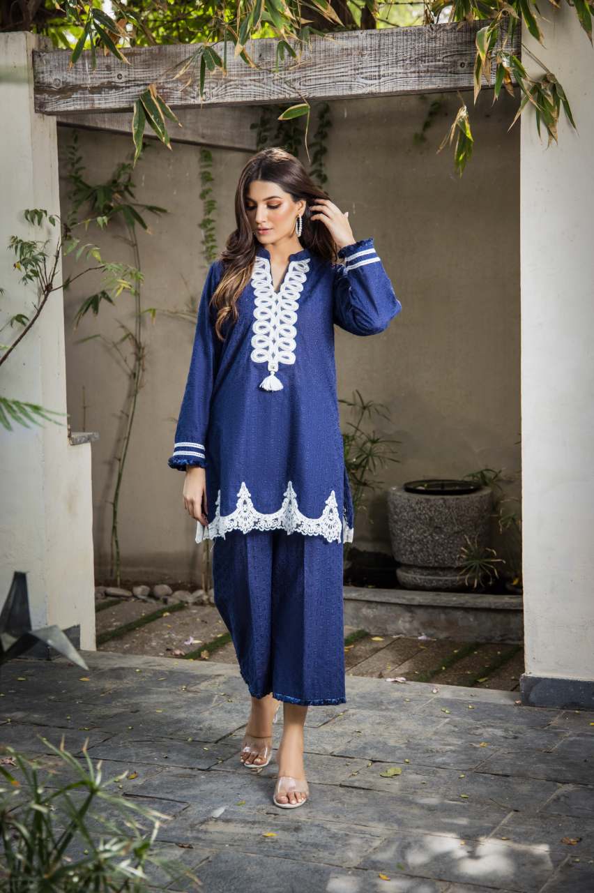 Navy Dori Embroidered Chikan Cotton Kurta Set (2-Piece) - Image 3