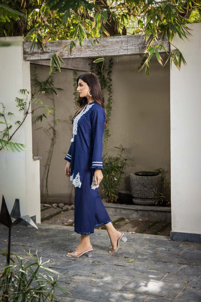 Navy Dori Embroidered Chikan Cotton Kurta Set (2-Piece) - Image 4
