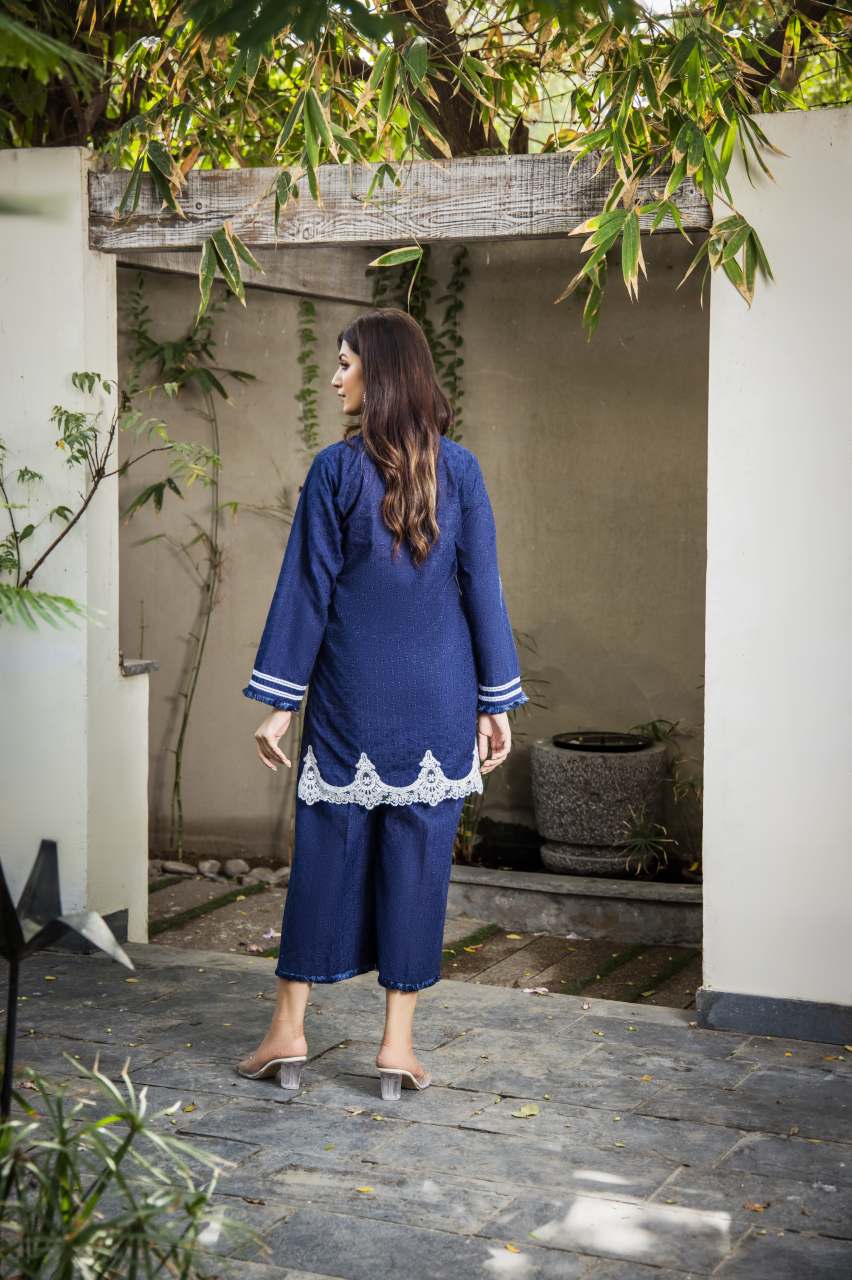 Navy Dori Embroidered Chikan Cotton Kurta Set (2-Piece) - Image 5