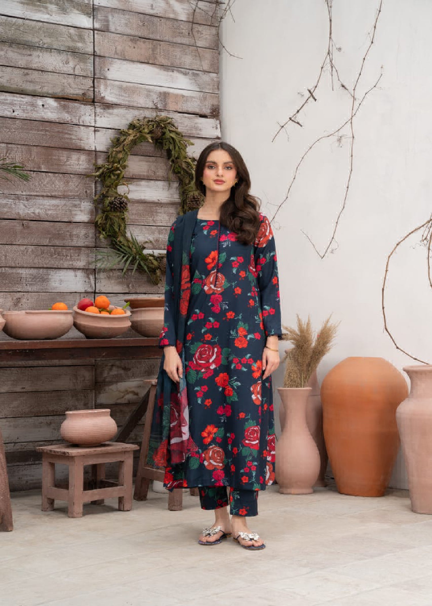 Pakistani Navy Blue Printed & Embroidered Cotton Kurta Set (3-Piece) - Image 1